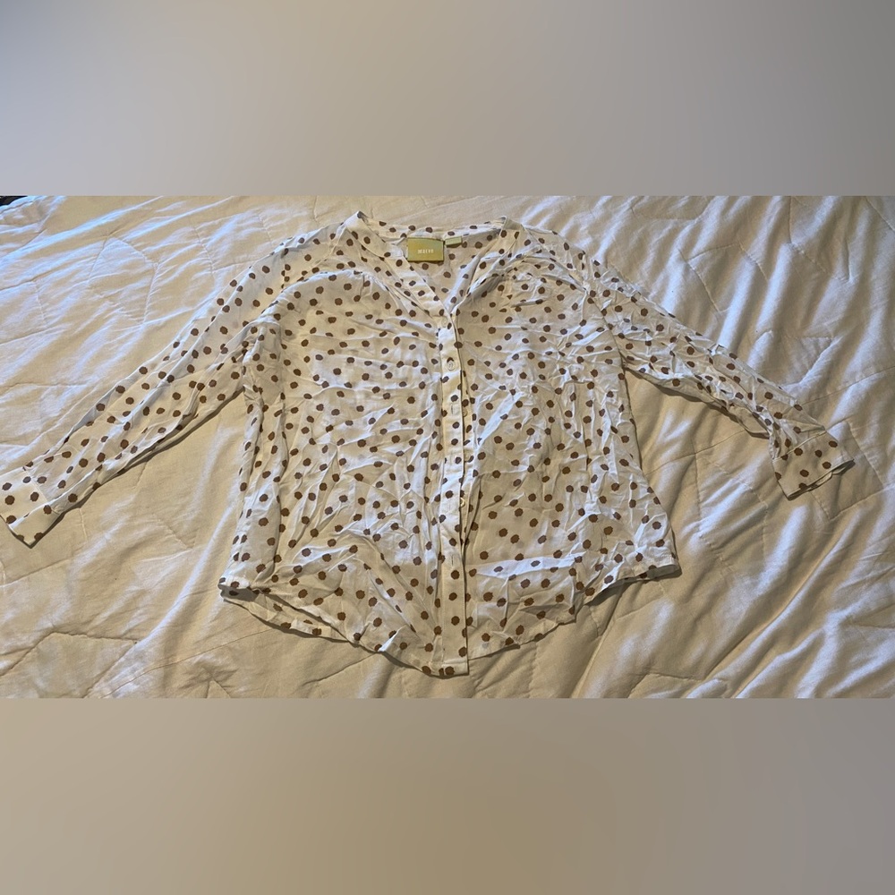Anthropologie Maeve White and Brown Polka Dot Button-Down Shirt